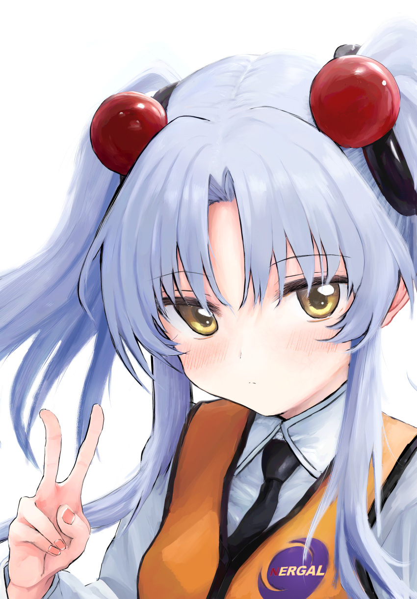 1girl, absurdres, black_necktie, blue_hair, blush, expressionless, h.yasai, hair_bobbles
