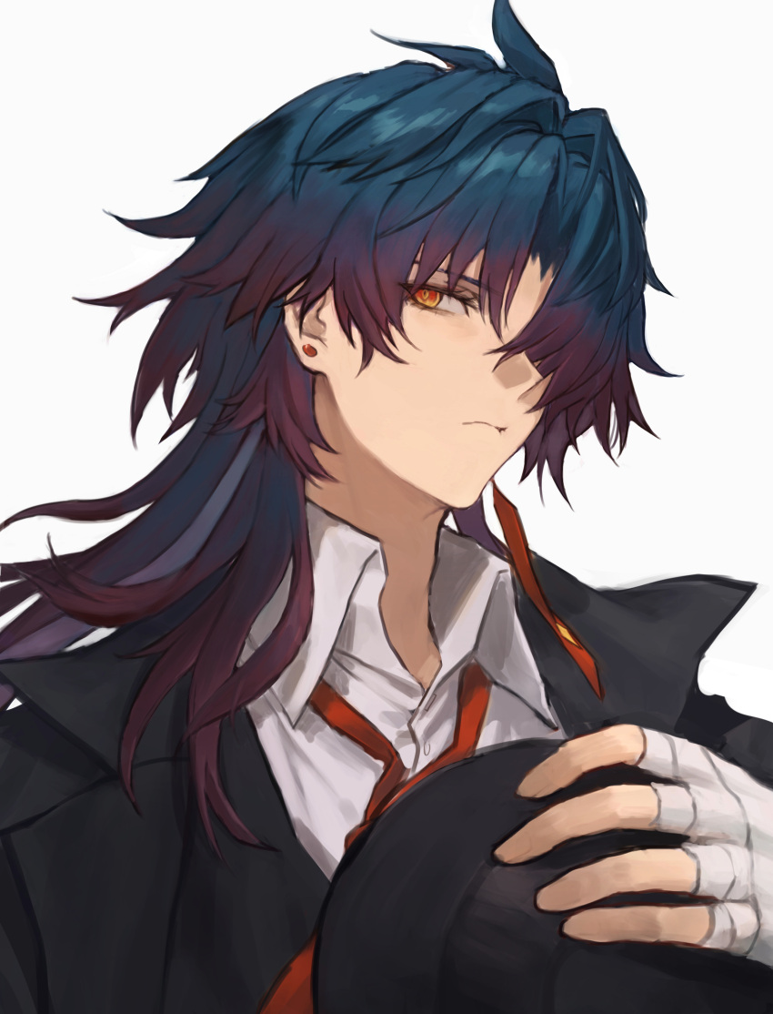 1boy, bandaged_hand, bandages, black_coat, black_hair, black_hat, blade_(honkai:_star_rail), buttons