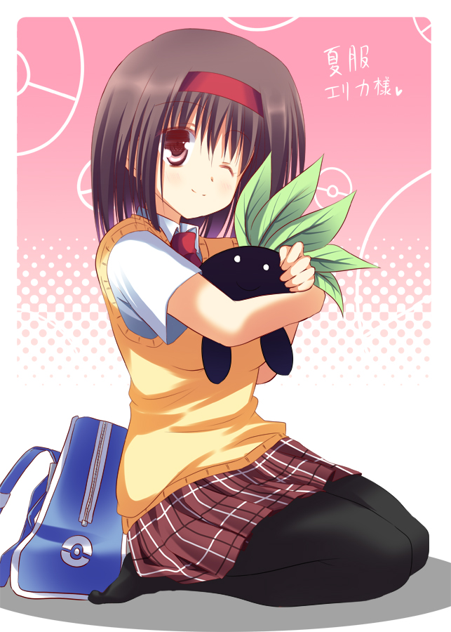 1girl, akane_souichi, bag, erika_(pokemon), hug, oddish, pantyhose, pokemon