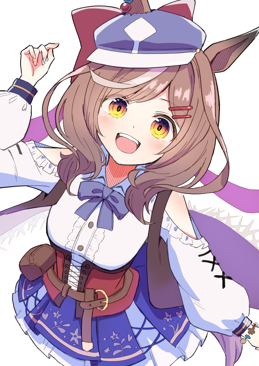 1girl, animal_ears, blush, breasts, brown_hair, clothing_cutout, commentary_request, hair_ornament