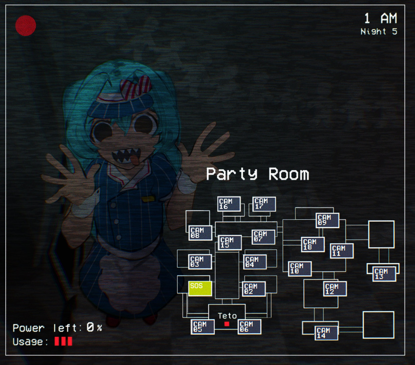 1girl, black_eyes, blue_dress, blue_hair, blue_hat, commentary, dress, english_commentary, five_nights_at_freddy's, from_above, full_body, grey_background, hair_between_eyes, hair_intakes, hat, hatsune_miku, highres, long_hair, looking_at_viewer, medium_bangs, mesmerizer_(vocaloid), open_mouth, paper_chain, puffy_short_sleeves, puffy_sleeves, security_camera, sharp_teeth, short_sleeves, smile, solo, static, striped_clothes, striped_dress, tchairss, teeth, tongue, tongue_out, twintails, vertical-striped_clothes, vertical-striped_dress, visor_cap, vocaloid, waving