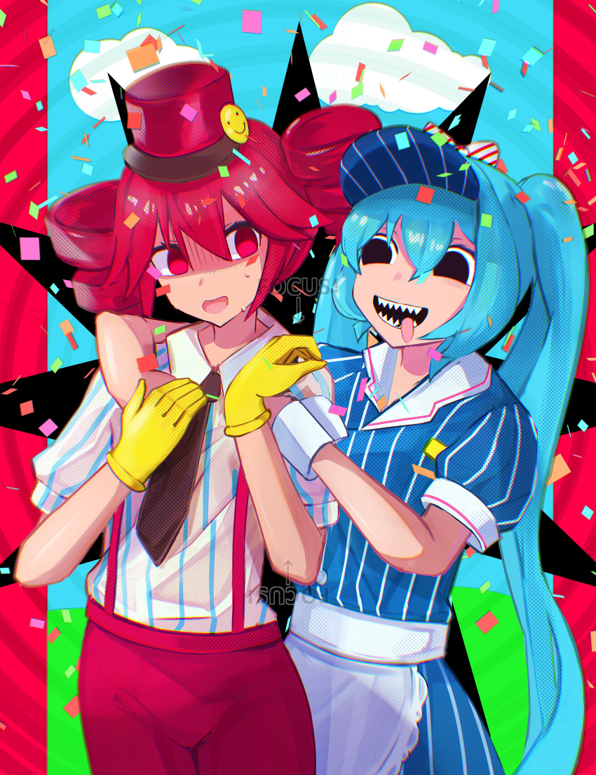 2girls, absurdres, apron, arm_around_neck, black_eyes, black_necktie, blue_hair, blue_shirt