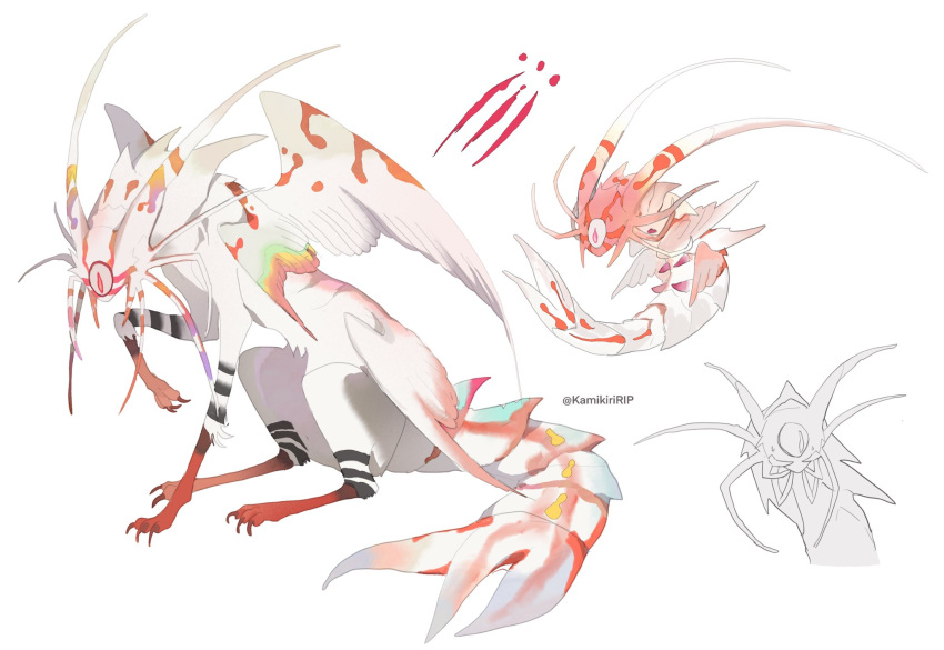 animal_focus, antennae, claw_mark, claws, feathered_wings, from_side, full_body, highres
