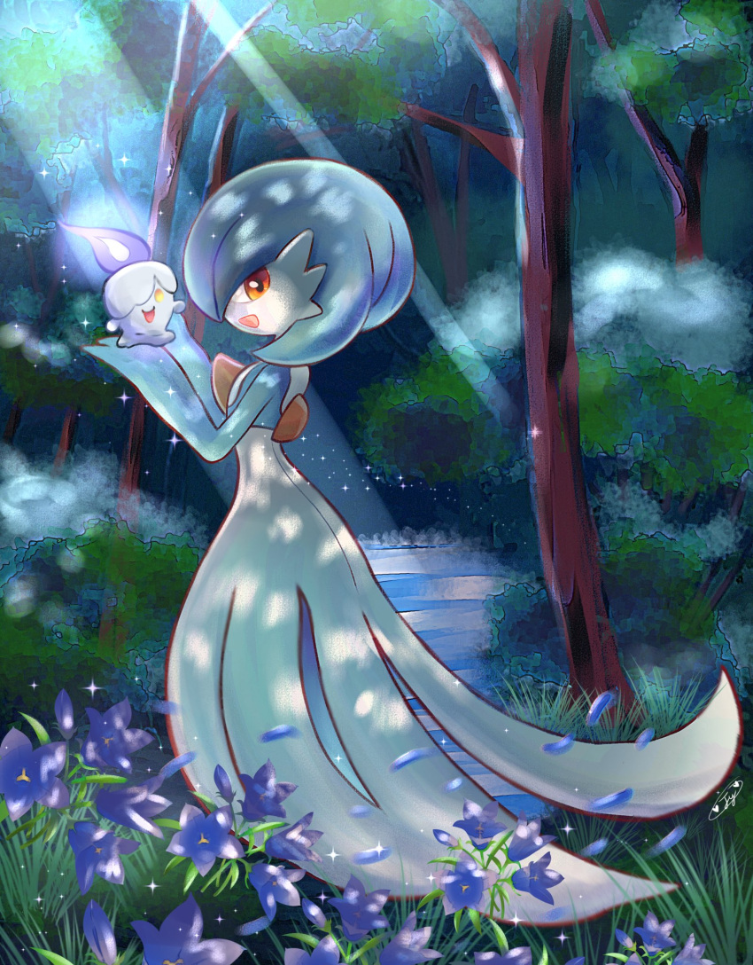 alternate_color, blue_hair, bob_cut, colored_skin, dress, falling_petals, fire, flower