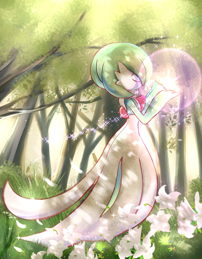 bob_cut, closed_eyes, colored_skin, dress, energy, falling_petals, flower, forest
