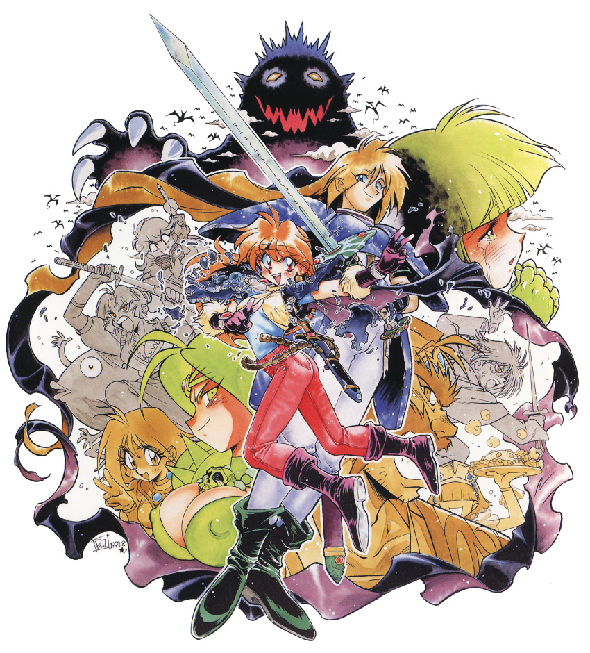 1990s_(style), 4boys, 6+girls, absurdres, amelia_wil_tesla_seyruun, araizumi_rui, armor, belt