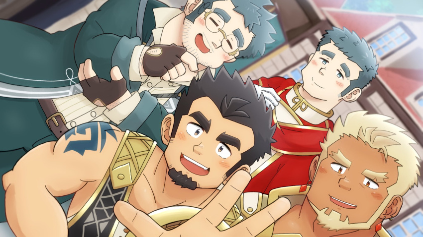 4boys, =_=, beard, black_hair, blonde_hair, blurry, blurry_background, blush, closed_eyes, crave_saga, dark-skinned_male, dark_skin, earrings, excalibur_(crave_saga), eyebrow_cut, facial_hair, fingerless_gloves, forked_eyebrows, glasses, gloves, goatee, highres, jeffrey_(crave_saga), jeron_(crave_saga), jewelry, long_sideburns, looking_at_viewer, male_focus, mature_male, multiple_boys, muscular, muscular_male, mustache_stubble, protagonist_(crave_saga), reaching, reaching_towards_viewer, round_eyewear, ruminalia243262, short_hair, shoulder_tattoo, sideburns, smile, stubble, tattoo, thick_eyebrows