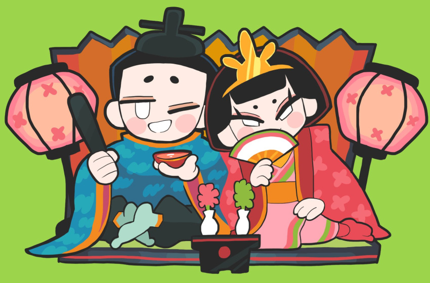 1boy, 1girl, black_hair, black_pants, blue_robe, bonbori_(lighting), chibi, commentary