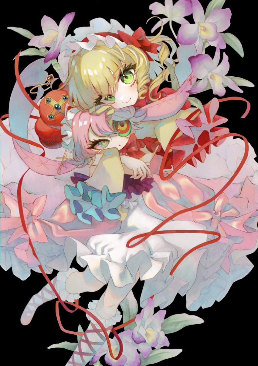 1girl, black_background, blonde_hair, bow, closed_mouth, commentary_request, cross, crown