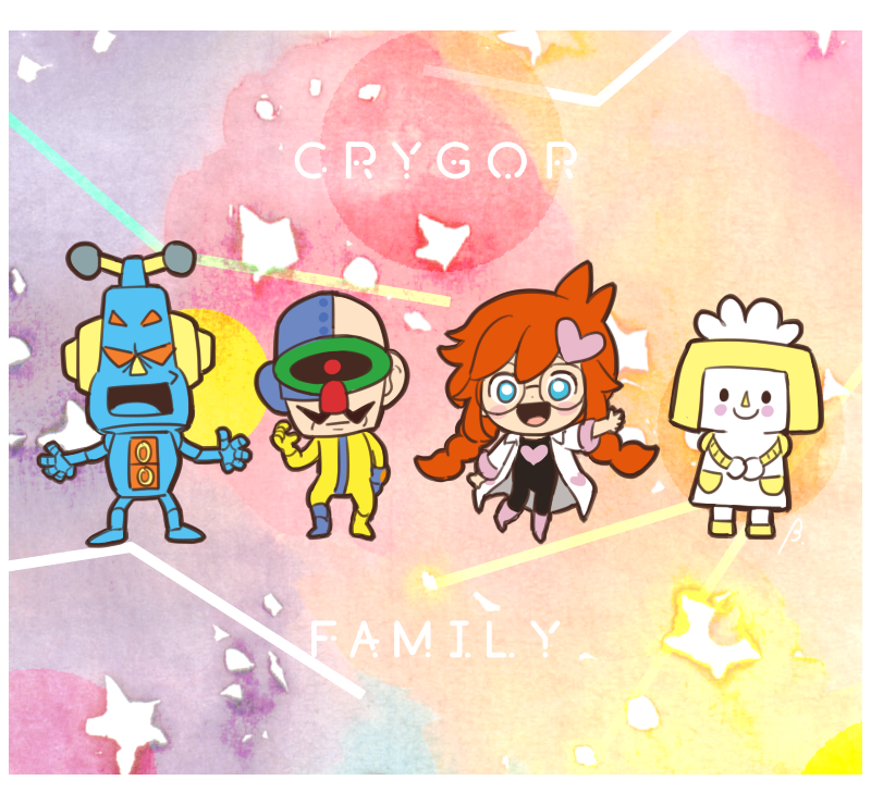 2boys, 2girls, bebe_0620, black_jumpsuit, blue_eyes, braid, doris_1_(warioware), dr._crygor