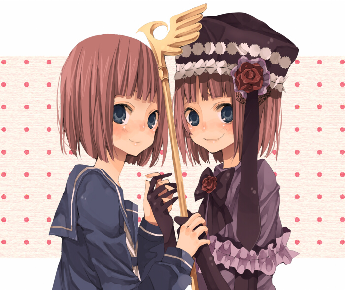 blue_eyes, bow, dress, dual_persona, dual_personal, elbow_gloves, eva_beatrice, flower, gloves, hat, hinazawa_kirie, holding_hands, multiple_girls, orange_hair, red_rose, ribbon, rose, school_uniform, serafuku, smile, staff, umineko_no_naku_koro_ni, ushiromiya_eva, young