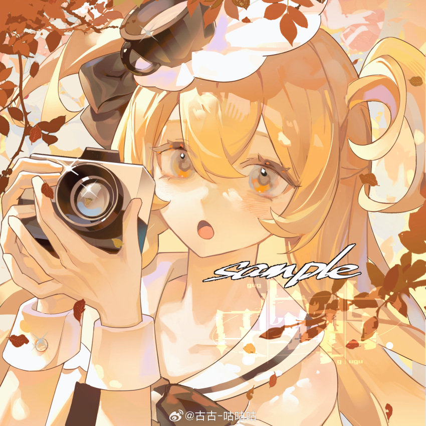 1girl, absurdres, armlet, autumn_leaves, bare_shoulders, black_bow, blonde_hair, bow