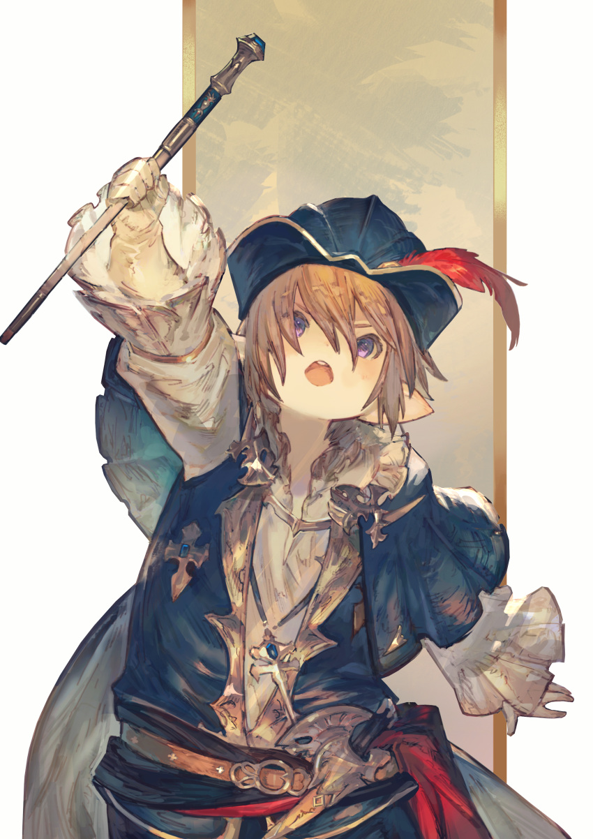 1boy, absurdres, arm_up, belt, belt_buckle, blonde_hair, blue_capelet, blue_hat