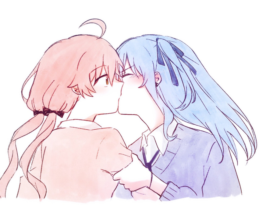2girls, ahoge, blue_hair, blue_ribbon, blush, closed_eyes, commentary, hair_ribbon
