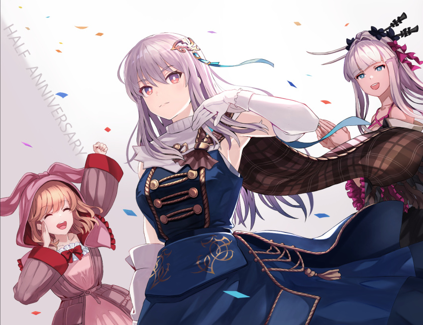 3girls, anniversary, arm_up, armpits, bare_shoulders, blue_dress, blue_eyes, blunt_bangs