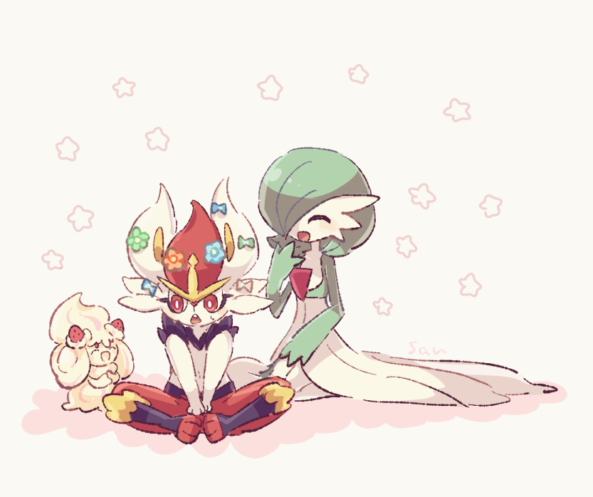 alcremie, alcremie_(strawberry_sweet), bob_cut, bow, cinderace, closed_eyes, colored_skin, dress