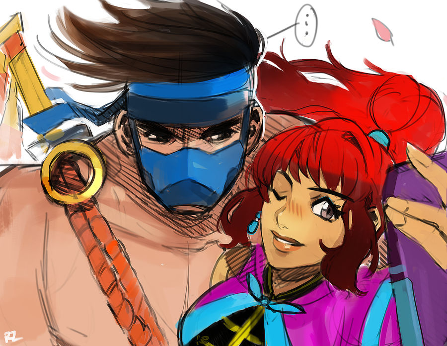 brown_hair, couple, headband, jago, killer_instinct, kim_wu, korean, korean_clothes, mask, purple_dress, redhead, rzstudio, selfie, simple_background, sword, tibetan_clothes, white_background