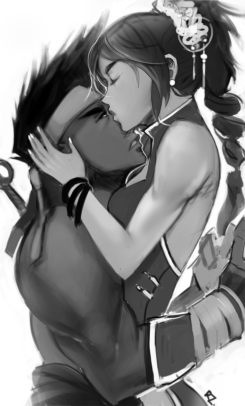 closed_eyes, couple, headband, hug, jago, killer_instinct, kim_wu, kiss
