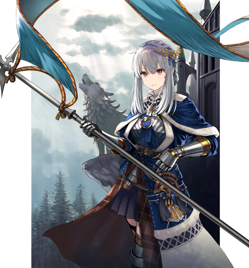 1girl, armor, black_skirt, blue_capelet, blue_dress, braid, capelet, castle