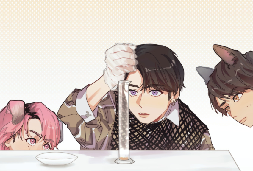 3boys, animal_ears, beaker, black_hair, black_vest, bowl, brown_hair, brown_shirt