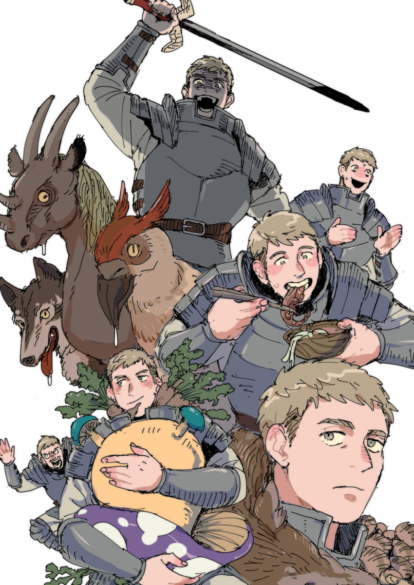 04matsuco, 1girl, animal, armor, blonde_hair, bowl, closed_mouth, dungeon_meshi, eating, food, highres, holding, holding_bowl, holding_sword, holding_weapon, laios_touden, light_brown_hair, male_focus, monster, multiple_views, mushroom, open_mouth, saliva, simple_background, sweat, sword, tentacles, tongue, vegetable, weapon, white_background, wolf