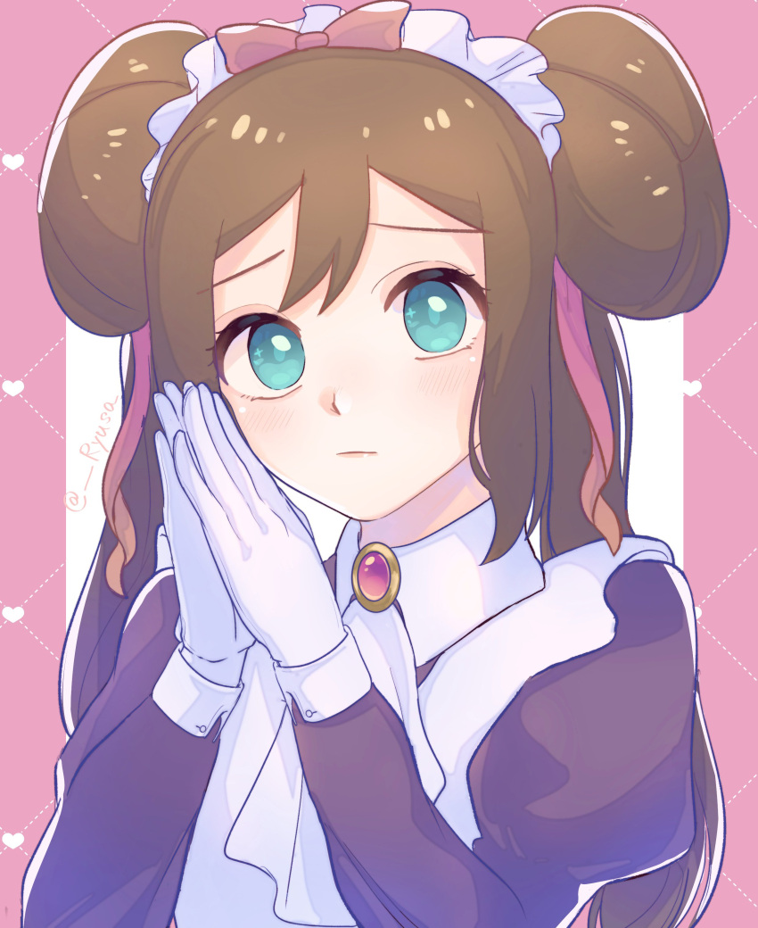1girl, absurdres, alternate_costume, aqua_eyes, border, bow, brown_hair, closed_mouth