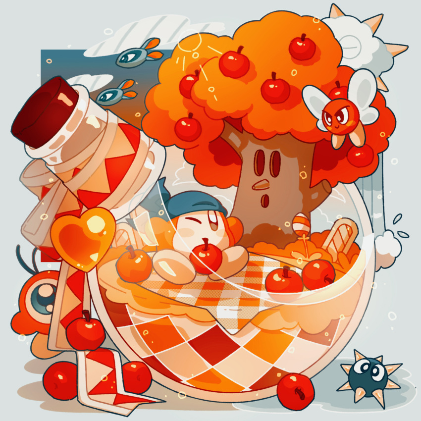 absurdres, apple, apple_tree, arms_up, bandana, bandana_waddle_dee, black_eyes, blanket, blue_bandana, blue_eyes, blush, blush_stickers, bronto_burt, brown_eyes, bush, cerulean_(kirby), closed_eyes, closed_mouth, clouds, flask, flower, food, fruit, gingham, glef_life, gordo, gradient_sky, grey_background, heart, highres, in_flask, kirby_(series), kracko, looking_at_viewer, no_humans, on_ground, one-eyed, one_eye_closed, peeking_out, ribbon, simple_background, sitting, sky, sleeping, smile, spikes, tree, v-shaped_eyebrows, waddle_doo, whispy_woods