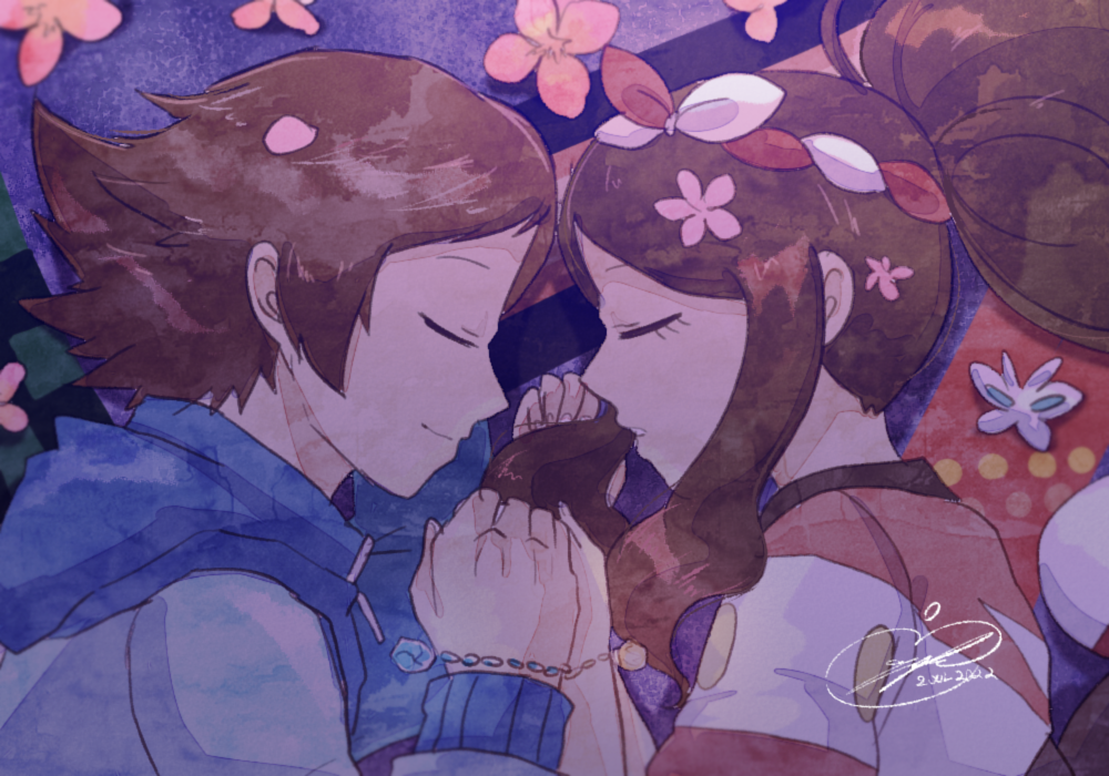 1boy, 1girl, appleko, blue_jacket, brown_hair, closed_eyes, face-to-face, flower