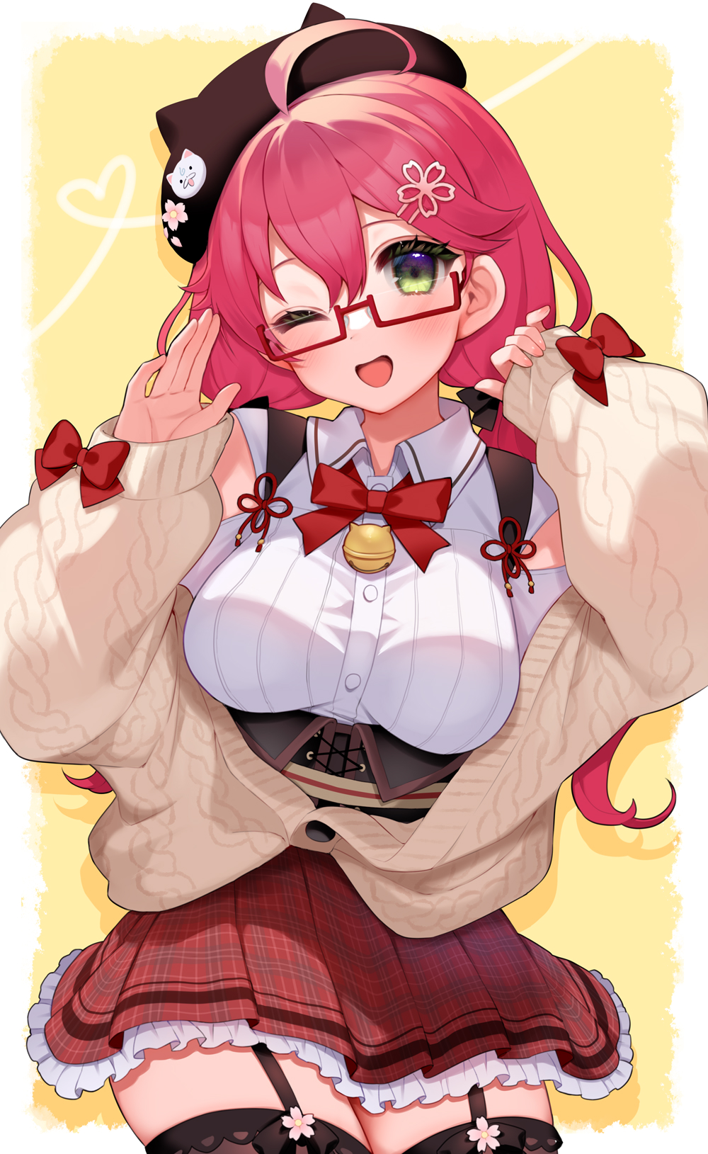 1girl, 35p_(sakura_miko), ;d, ahoge, alternate_costume, alternate_hairstyle, animal_hat, bell