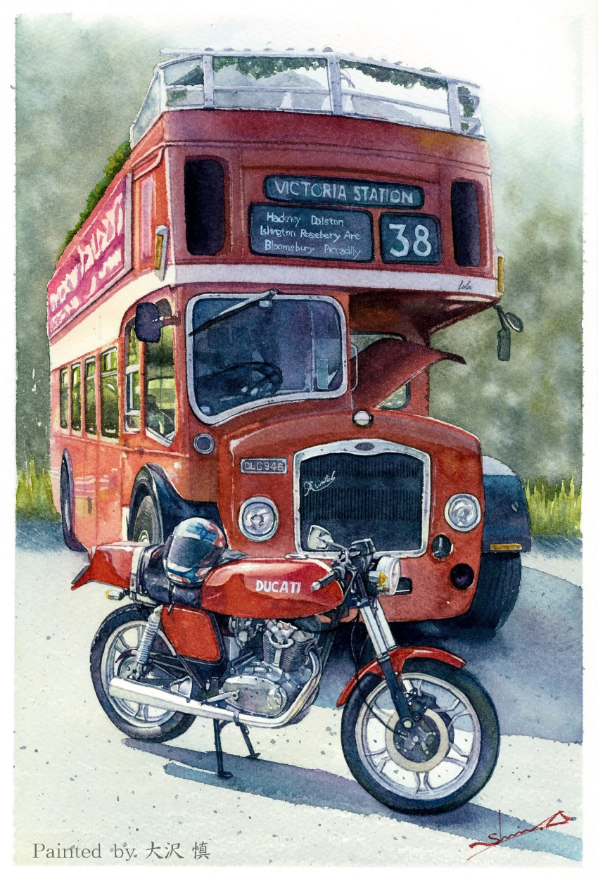 artist_name, bus, day, double-decker_bus, ducati, ducati_vento, helmet, highres, motor_vehicle, motorcycle, no_humans, original, outdoors, painting_(medium), shadow, shin_osawa, signature, traditional_media, vehicle_focus, watercolor_(medium)