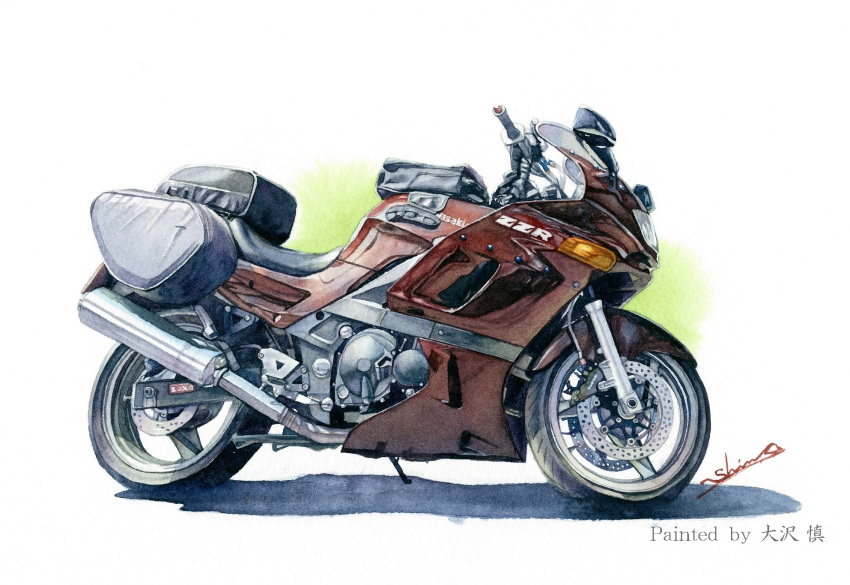 artist_name, highres, kawasaki, kawasaki_zzr400, motor_vehicle, motorcycle, no_humans, original, painting_(medium), shadow, shin_osawa, signature, traditional_media, vehicle_focus, watercolor_(medium)