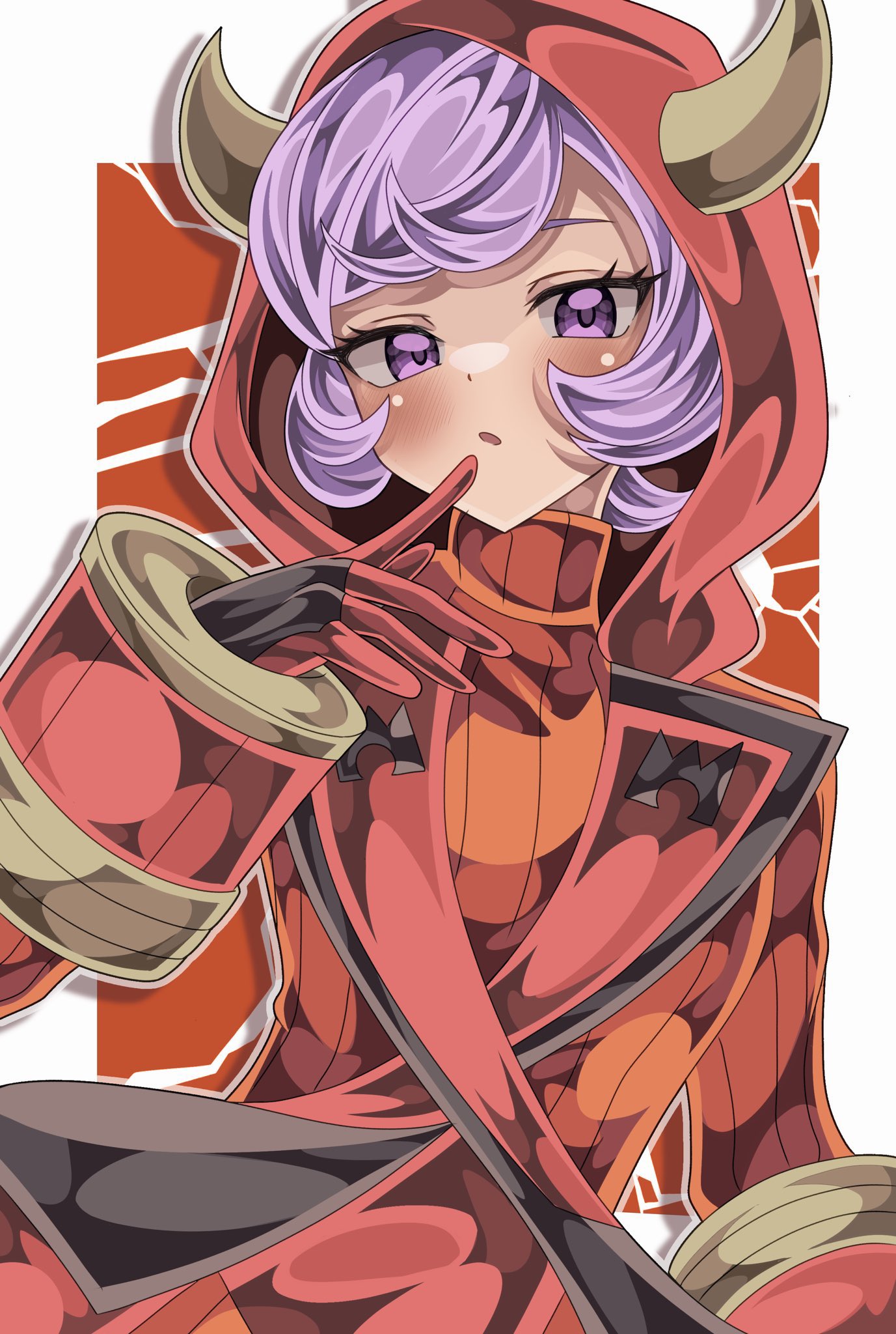1girl, blush, border, courtney_(pokemon), cracked_background, fake_horns, finger_to_mouth, gloves