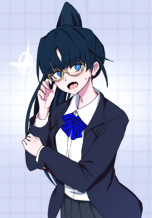 1girl, ado_(utaite), bespectacled, black_jacket, blue_bow, blue_bowtie, blue_eyes, blue_hair
