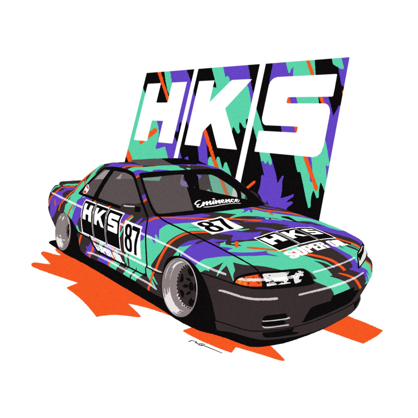 car, commentary, highres, hks, motor_vehicle, nissan, nissan_skyline, nissan_skyline_gt-r, nissan_skyline_r32, original, race_vehicle, racecar, shadow, signature, stance_(vehicle), symbol-only_commentary, vehicle_focus, wang-tang_(_lose_control)