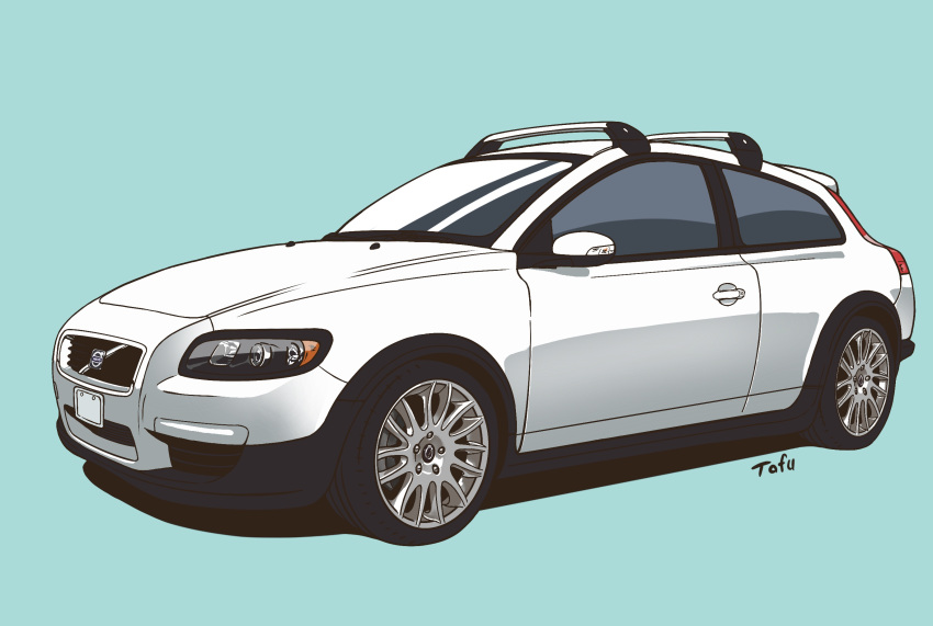 blue_background, car, commission, highres, k.tofu, motor_vehicle, no_humans, original, shadow, simple_background, vehicle_focus, volvo, volvo_c30, white_car