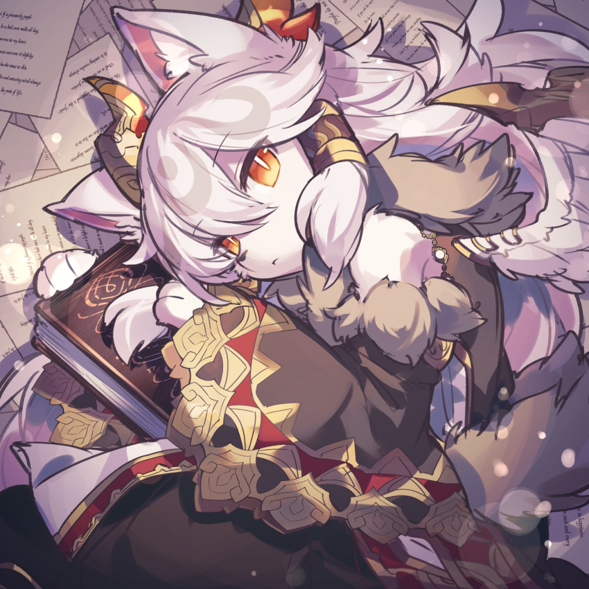 1girl, animal_hands, book, demon_horns, detached_sleeves, fur_trim, furry, furry_female