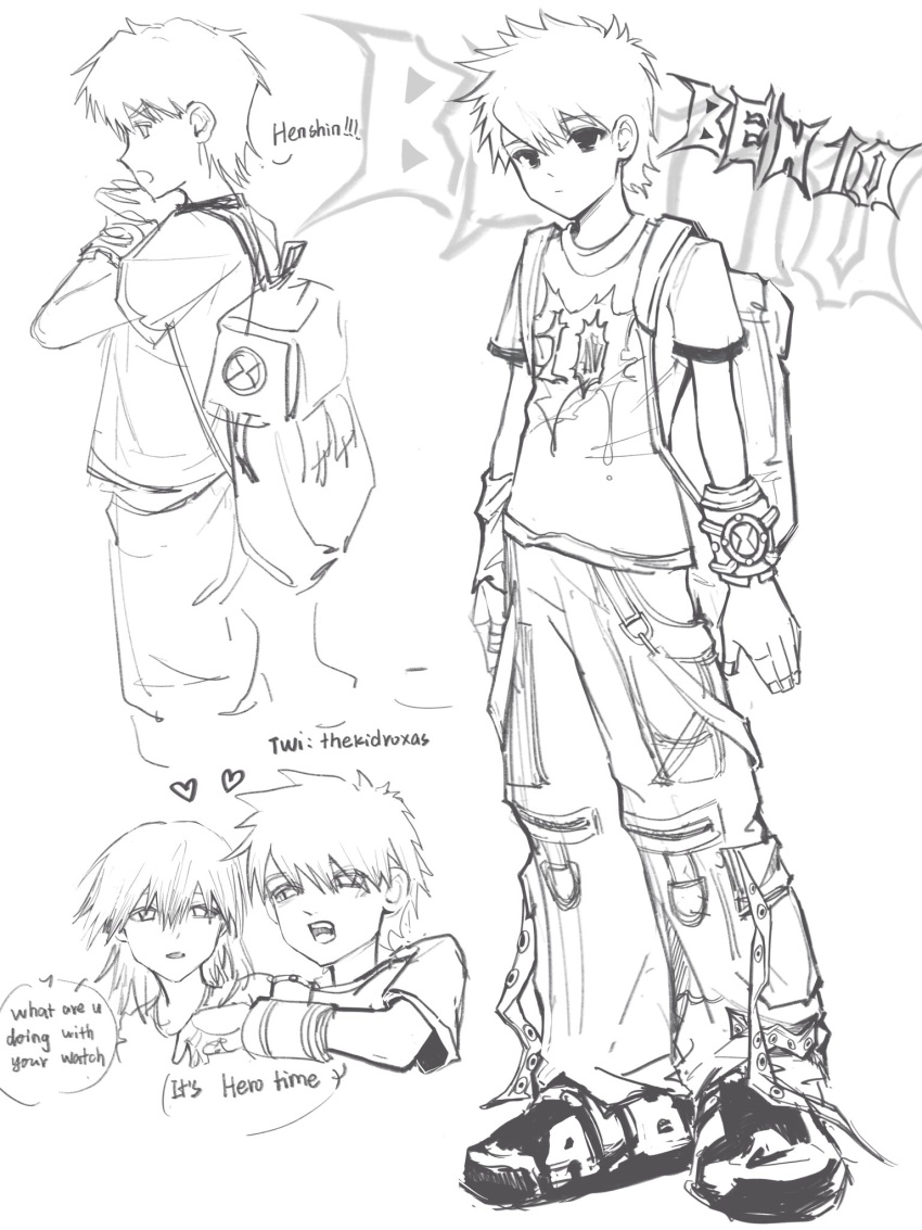 1boy, 1other, backpack, bag, ben_10, ben_tennyson, child, english_text, full_body, greyscale, heart, highres, looking_at_viewer, male_focus, monochrome, omnitrix, short_hair, short_sleeves, simple_background, standing, thekidroxas, wristband