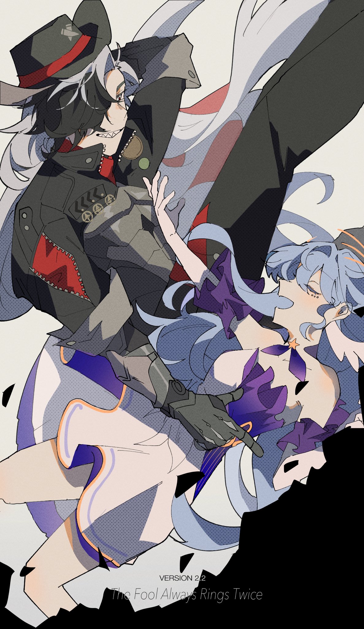 1boy, 1girl, arm_up, bare_shoulders, black_hair, black_hat, black_jacket, black_pants