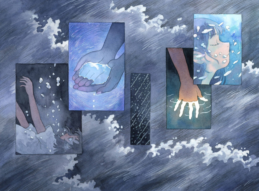 2girls, 2others, black_background, black_hair, blue_background, blue_hair, bubble, closed_eyes, glowing, glowing_hand, grey_background, heikala, highres, holding_water, multiple_girls, multiple_others, ocean, original, overlapped_images, painting_(medium), partially_submerged, rain, ripples, shirt, storm, traditional_media, underwater, water, watercolor_(medium), waves, white_shirt, window
