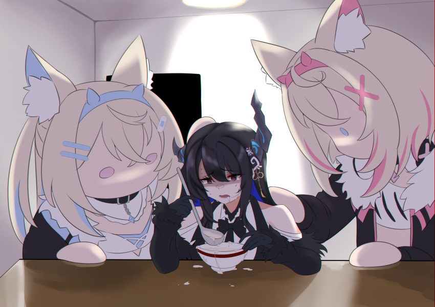 3girls, animal_ear_fluff, animal_ears, asymmetrical_horns, bare_shoulders, black_hair, blank_room_soup, blonde_hair, blue_eyes, blue_hair, colored_inner_hair, commentary, demon_horns, dog_ears, dog_girl, english_commentary, favoritevoidpixel, food, fur_trim, fuwawa_abyssgard, fuwawa_abyssgard_(1st_costume), hair_ornament, hairpin, highres, hololive, hololive_english, horns, jacket, ladle, long_hair, mococo_abyssgard, mococo_abyssgard_(1st_costume), mole, mole_under_eye, multicolored_hair, multiple_girls, nerissa_ravencroft, nerissa_ravencroft_(1st_costume), pink_hair, red_eyes, siblings, sisters, soup, streaked_hair, table, twins, uneven_horns, virtual_youtuber, x_hair_ornament