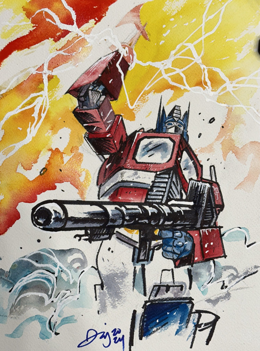 1980s_(style), 1boy, artist_name, axe, commentary, daniel_warren_johnson, energy_gun, english_commentary