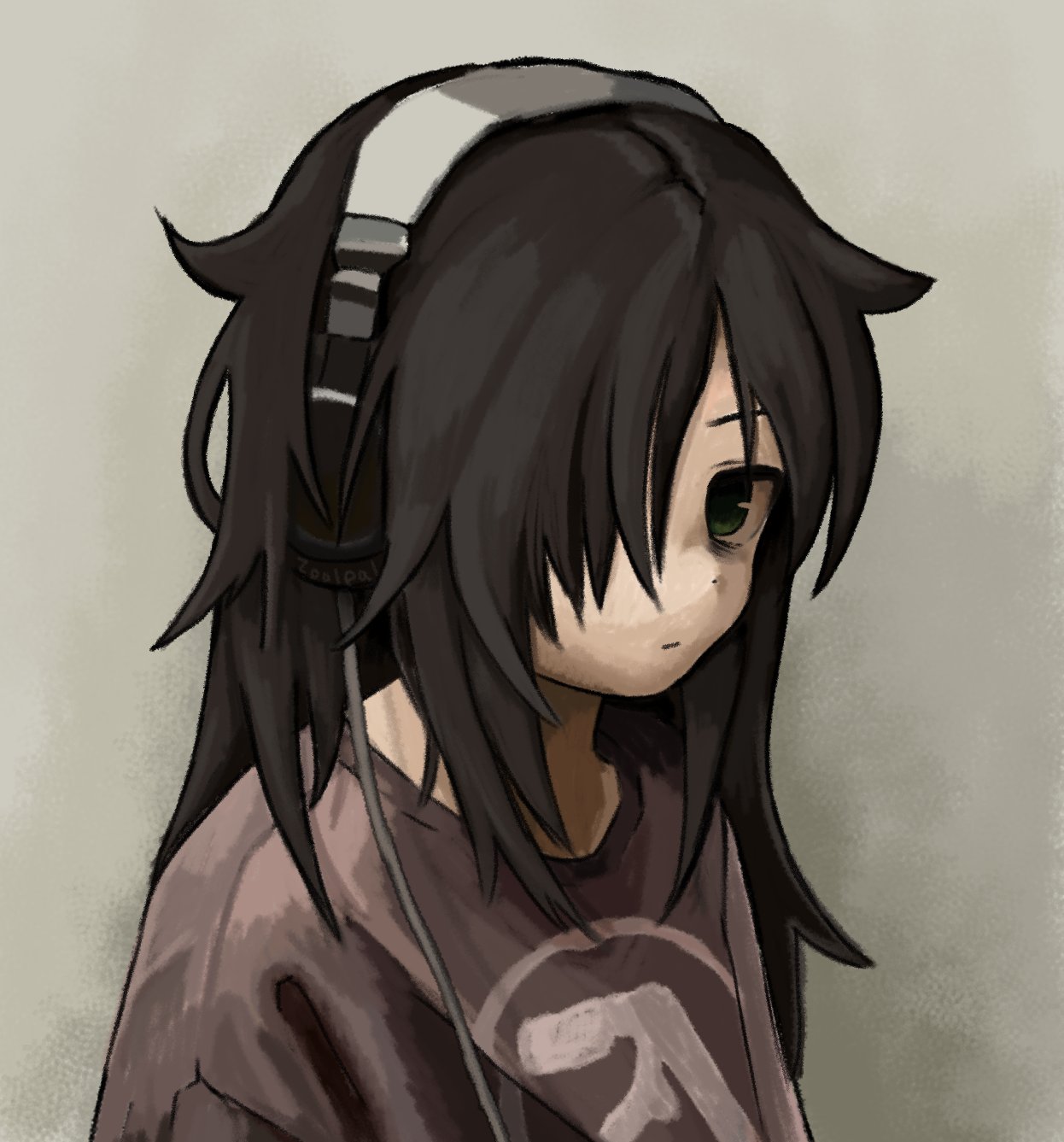 1girl, aphex_twin, bags_under_eyes, black_eyes, black_hair, commentary, english_commentary, hair_over_one_eye