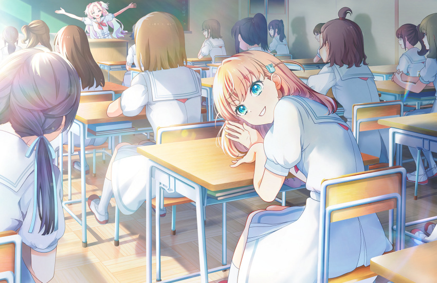 6+girls, :d, ^_^, aqua_eyes, blonde_hair, blue_hair, blue_ribbon, brown_hair