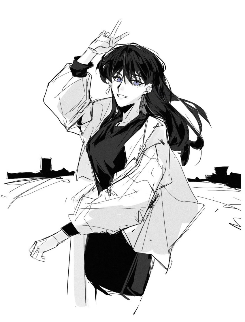 1girl, afkonxmikasa, bang_dream!, bang_dream!_it's_mygo!!!!!, commentary, earrings, greyscale, highres, horizon, jewelry, long_hair, long_sleeves, looking_at_viewer, mole, mole_under_eye, monochrome, open_clothes, open_shirt, outdoors, parted_lips, railing, shiina_taki, skirt, smile, solo, violet_eyes