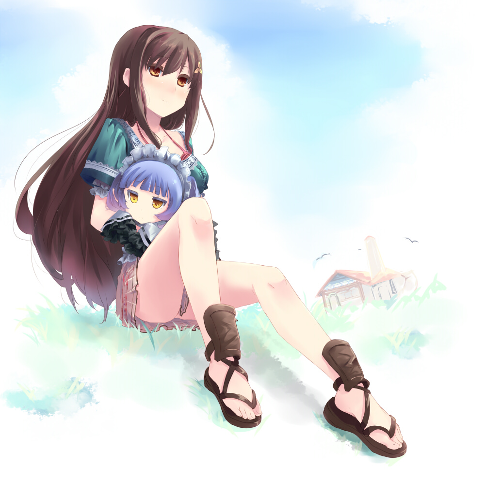 2girls, atelier_(series), atelier_totori, blue_hair, bra, brown_hair, cecilia_helmold, chimu_(atelier_totori), legs, lingerie, long_hair, maid_headdress, minigirl, multiple_girls, red_bra, sandals, shin_(new), short_hair, sitting, underwear, yellow_eyes