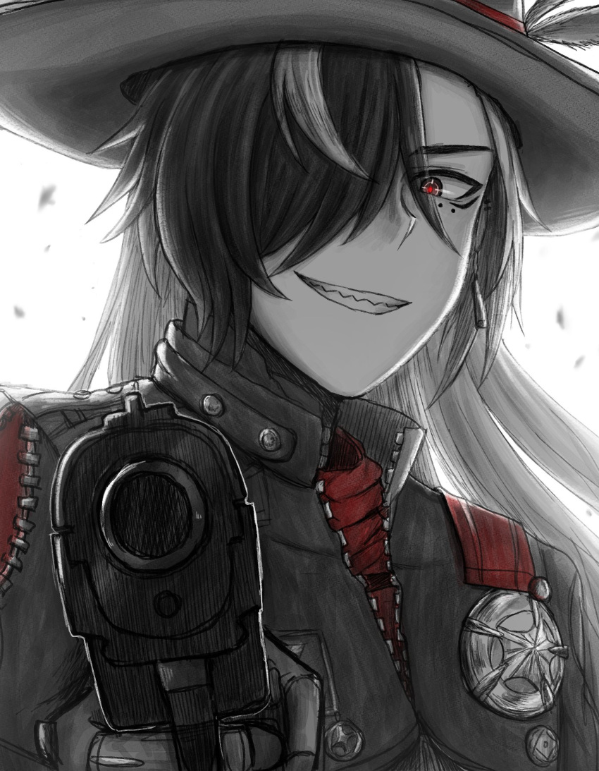 1boy, aiming, aiming_at_viewer, black_eyes, black_hat, black_jacket, boothill_(honkai:_star_rail), bullet_earrings