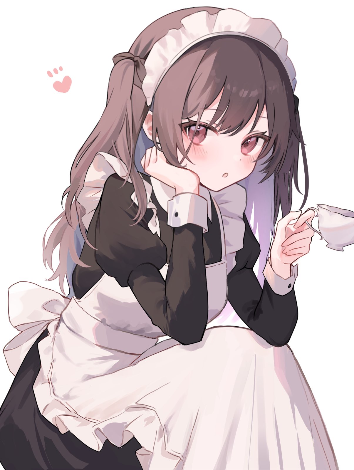 1girl, :o, apron, black_dress, blush, brown_hair, commentary_request, cup