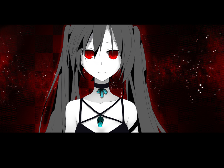 break;down_(vocaloid), bust, choker, dress, hatsune_miku, highres, red_eyes, solo, temari_(artist), vocaloid