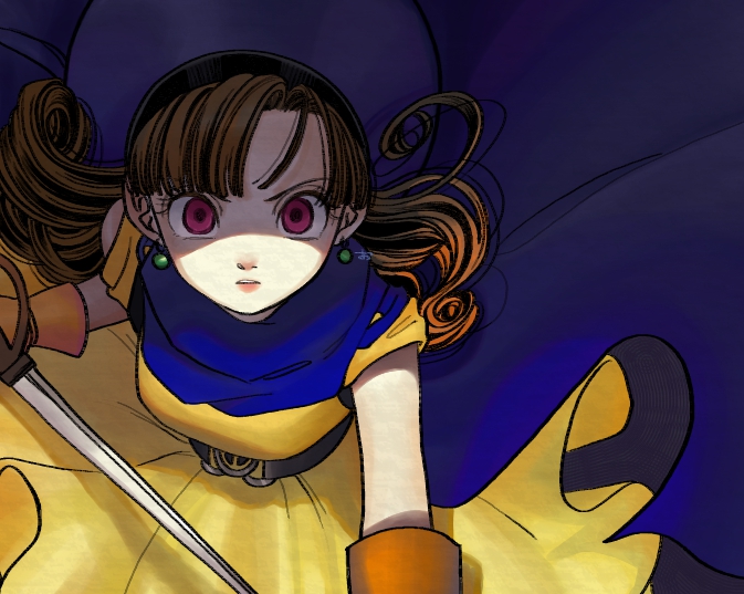 1girl, alena_(dq4), belt, black_belt, blue_cape, brown_hair, cape, curly_hair