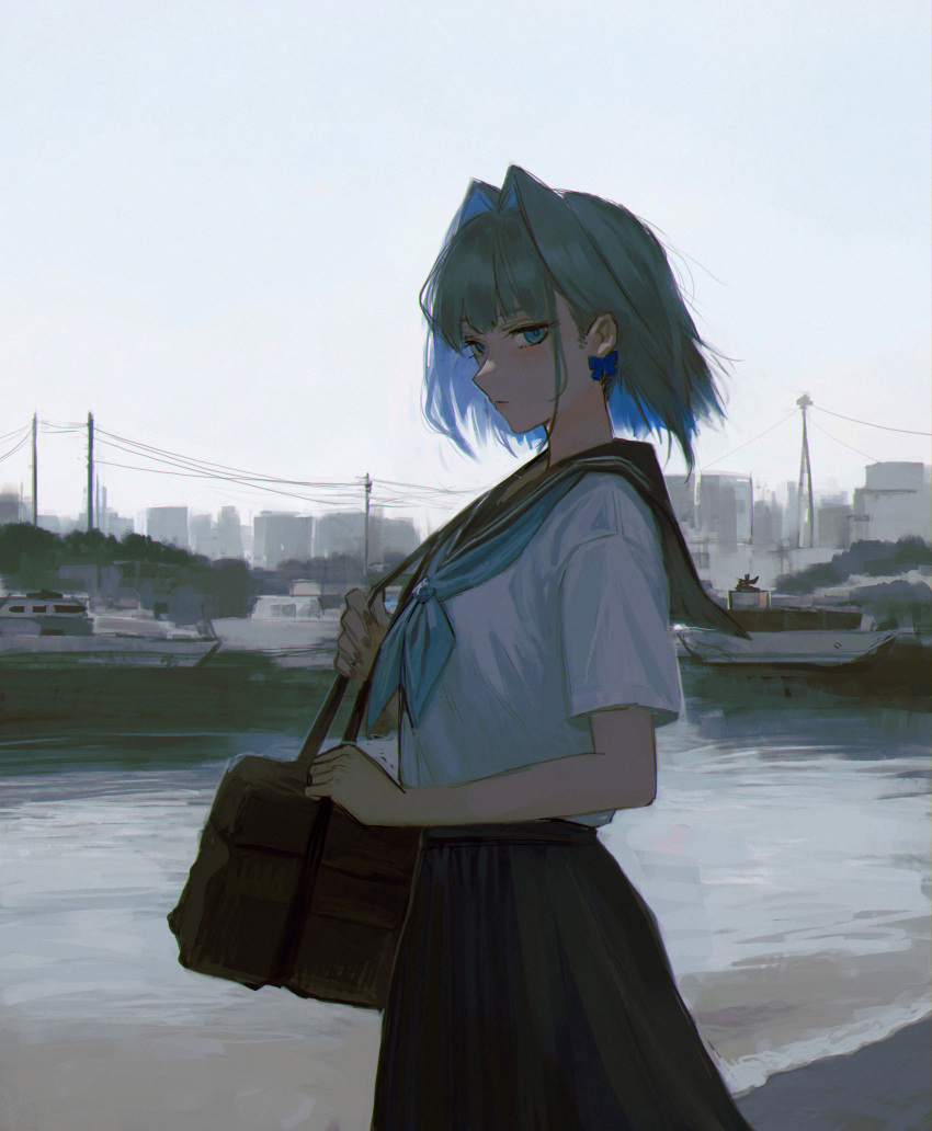 1girl, absurdres, bag, black_sailor_collar, black_skirt, blue_eyes, blue_hair, blue_neckerchief